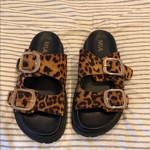 MIA Leopard Print Double Buckle Slides - Brown/Black